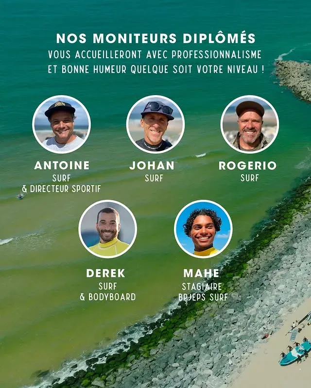 Les moniteurs diplômés du Santocha Surf Club - Antoine, Johan, Rogerio, Derek et Mahé