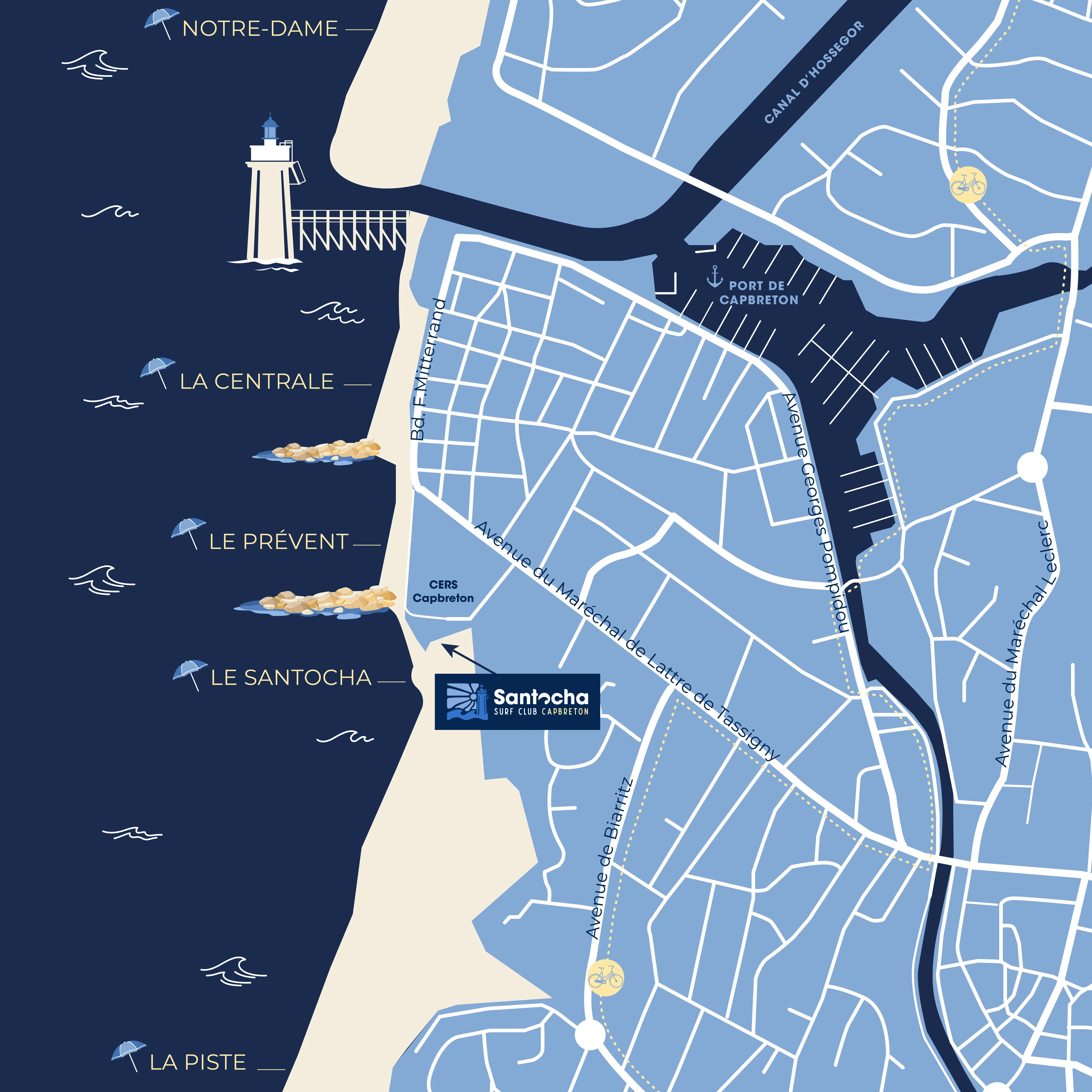 Carte des 5 spots de surf de Capbreton : Notre-Dame, La Centrale, Le Prevent, Le Santocha et La Piste, du port d'Hossegor au sud