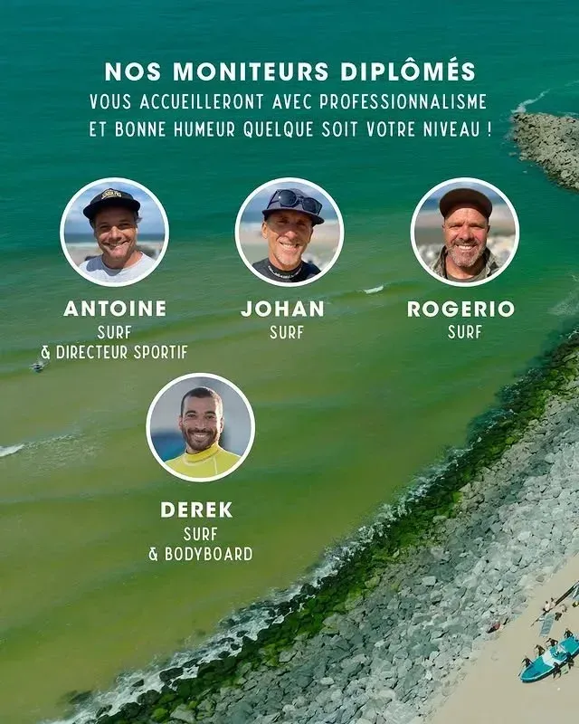 Les moniteurs diplômés du Santocha Surf Club - Antoine, Johan, Rogerio, Derek et Mahé